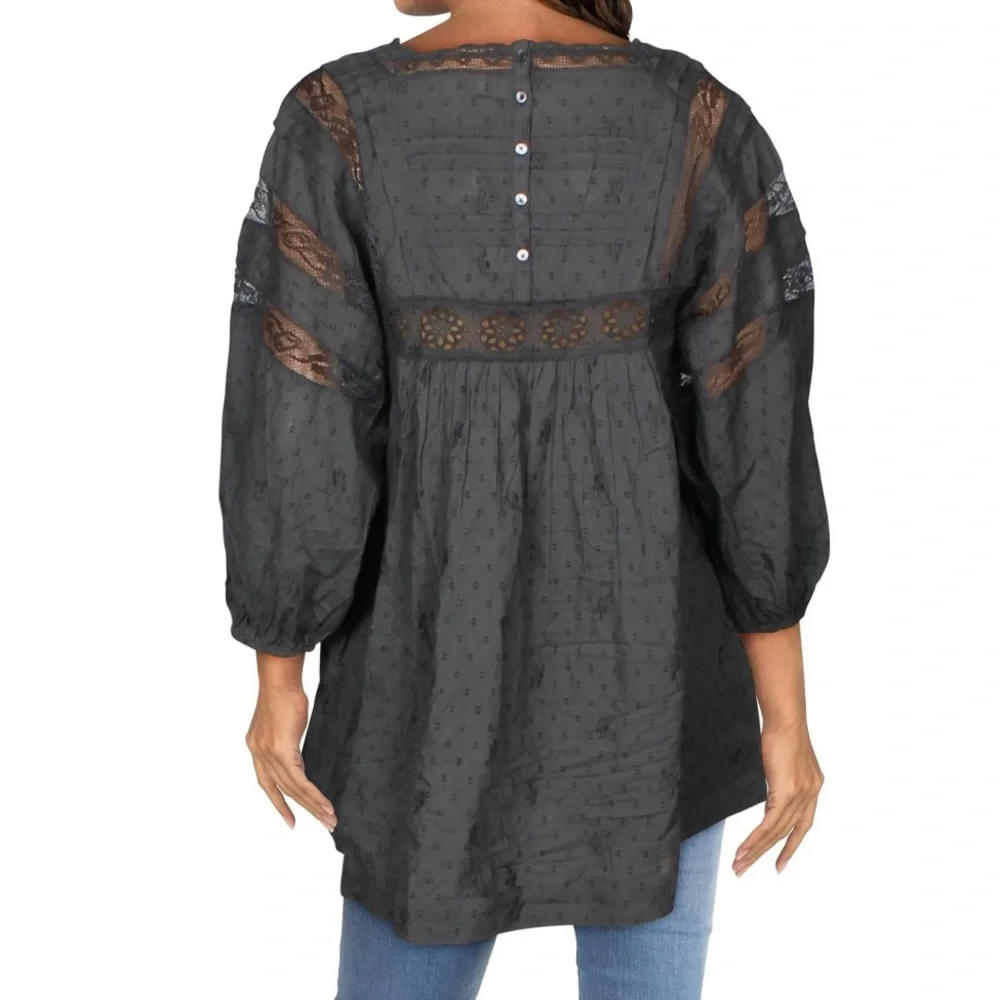 Free People Azelea Lace Tunic Embroidered Top Washed Black Size XS NWT - Picture 3 of 5